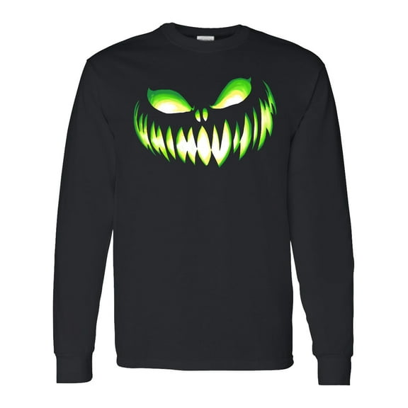 Inktastic Wide Grinning Pumpkin Face in Lime Green Glow Long Sleeve T-Shirt
