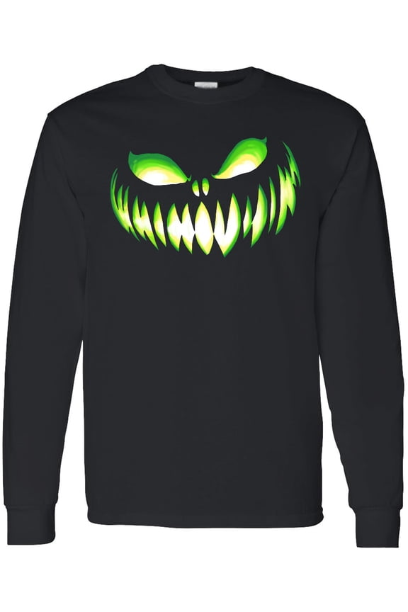 Wide Grinning Pumpkin Face in Lime Green Glow Long Sleeve T-Shirt
