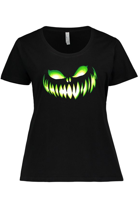 Wide Grinning Pumpkin Face in Lime Green Glow Women's Plus Size T-Shirt