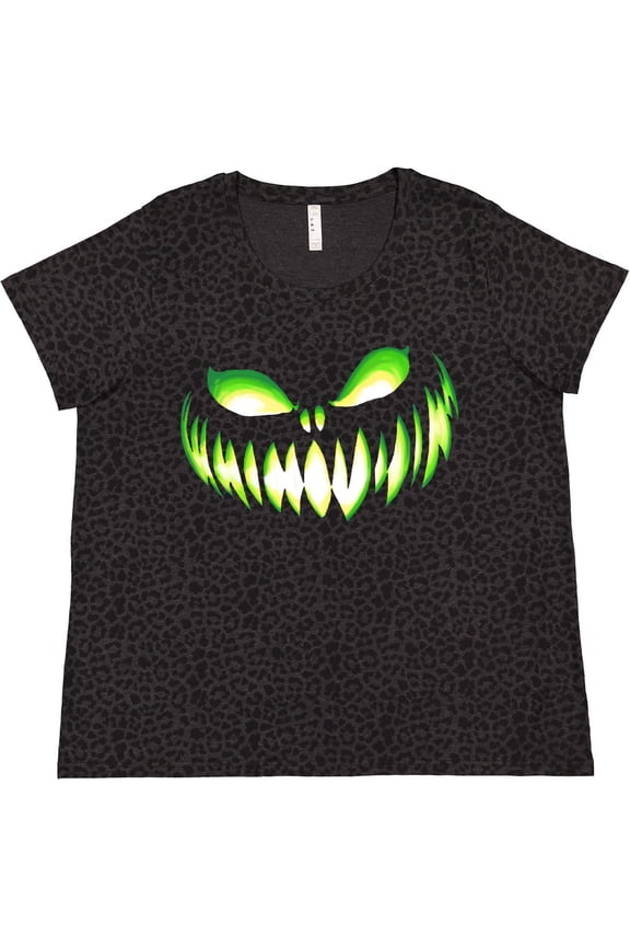 Wide Grinning Pumpkin Face in Lime Green Glow Women's Plus Size T-Shirt
