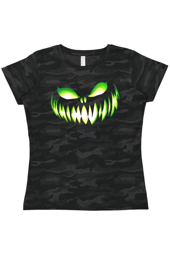 Wide Grinning Pumpkin Face in Lime Green Glow Women's T-Shirt