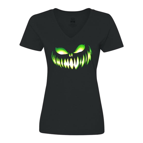 Inktastic Wide Grinning Pumpkin Face in Lime Green Glow Women's V-Neck T-Shirt