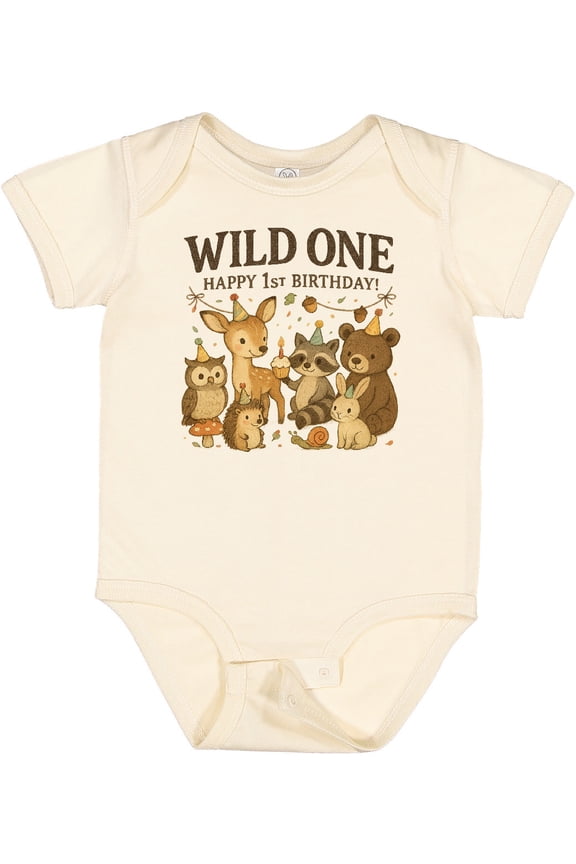 Wild One Happy 1st Birthday Woodland Animals Boys or Girls Baby Bodysuit