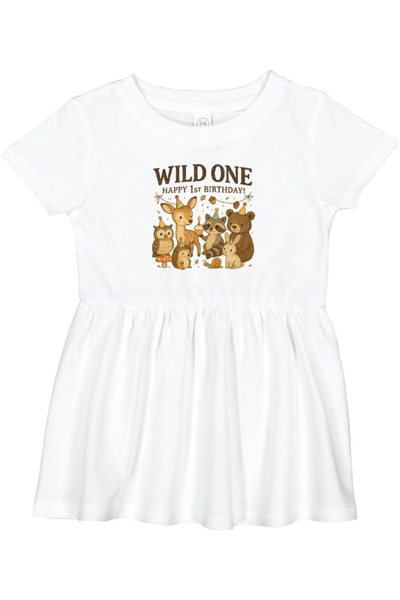 Wild One Happy 1st Birthday Woodland Animals Girls Baby Dress