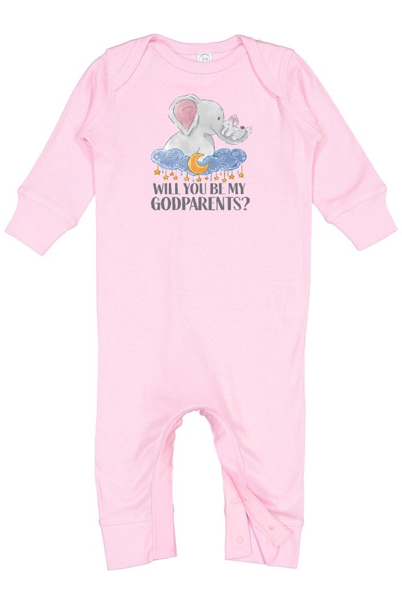 Will You Be My Godparents? Cute Elephants Moon and Stars Baby Romper Coveralls