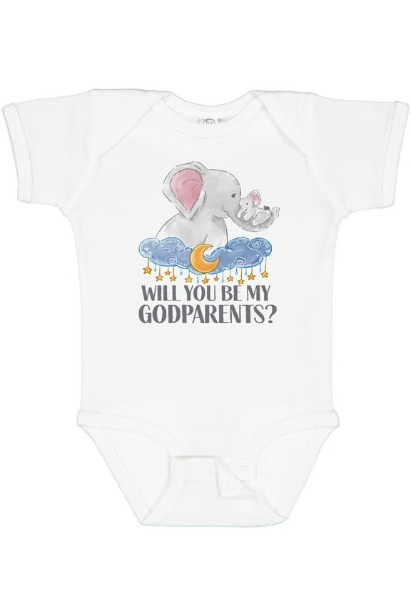 Will You Be My Godparents? Cute Elephants Moon and Stars Boys or Girls Baby Bodysuit
