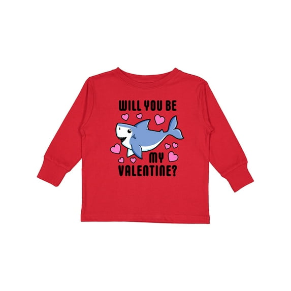 Inktastic Will You Be My Valentine with Cute Shark and Hearts Boys or Girls Long Sleeve Toddler T-Shirt