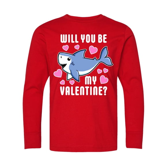 Inktastic Will You Be My Valentine with Cute Shark and Hearts Long Sleeve Youth T-Shirt