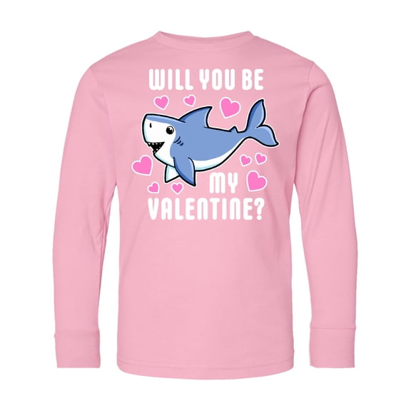 Inktastic Will You Be My Valentine with Cute Shark and Hearts Long Sleeve Youth T-Shirt