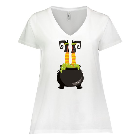 Inktastic Witch Cauldron, Witch Legs, Boots, Halloween Women's Plus Size V-Neck T-Shirt
