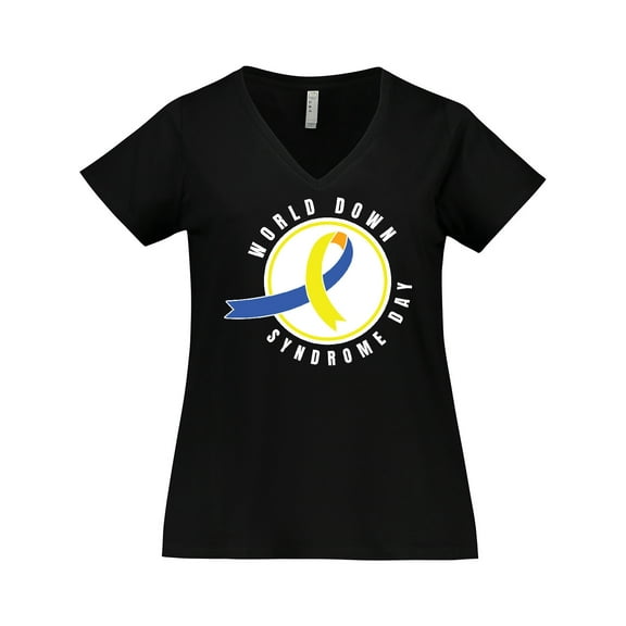 Inktastic World Down Syndrome Day with Yellow and Blue Ribbon Women's Plus Size V-Neck T-Shirt