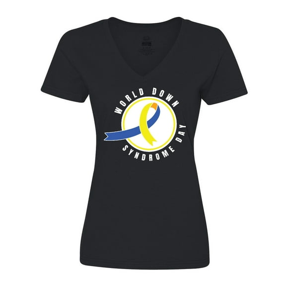 Inktastic World Down Syndrome Day with Yellow and Blue Ribbon Women's V-Neck T-Shirt