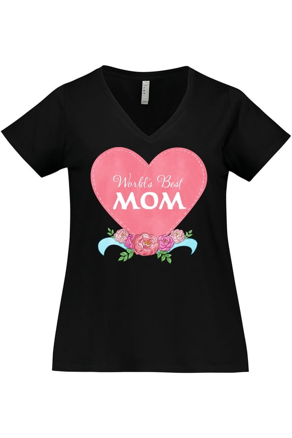 World's Best Mom in Pink Heart with Flowers Women's Plus Size V-Neck T-Shirt