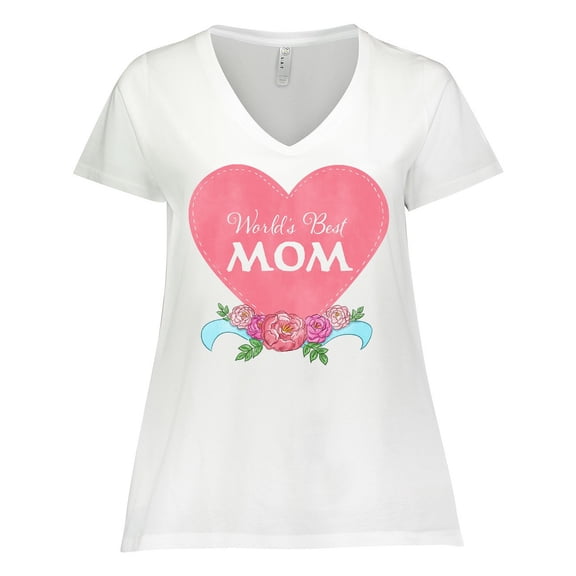 Inktastic World's Best Mom in Pink Heart with Flowers Women's Plus Size V-Neck T-Shirt