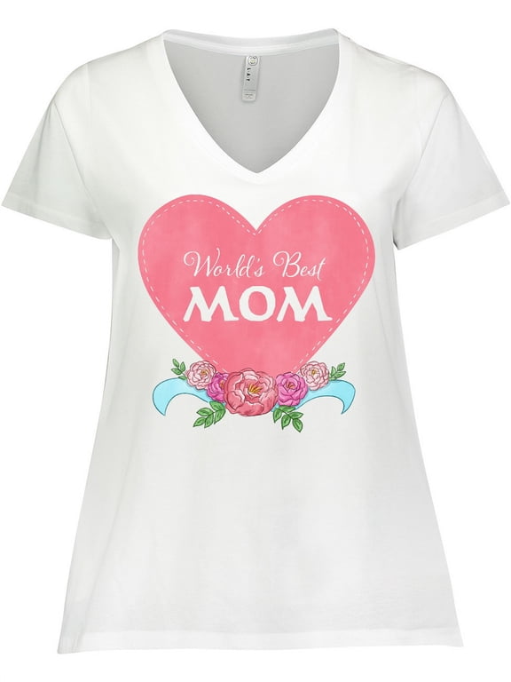 World's Best Mom in Pink Heart with Flowers Women's Plus Size V-Neck T-Shirt