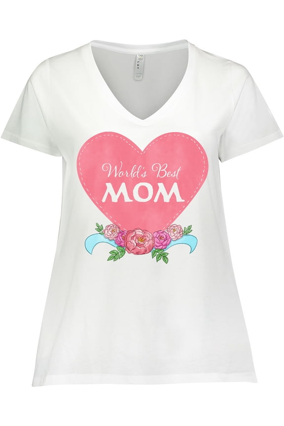 World's Best Mom in Pink Heart with Flowers Women's Plus Size V-Neck T-Shirt