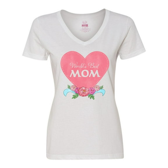 Inktastic World's Best Mom in Pink Heart with Flowers Women's V-Neck T-Shirt