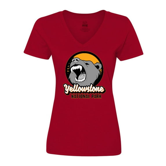 Inktastic Yellowstone Growling Bear Women's V-Neck T-Shirt