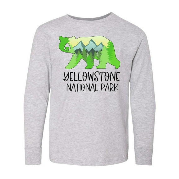 Inktastic Yellowstone National Park Mountains and Bear Shape Long Sleeve Youth T-Shirt
