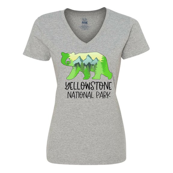 Inktastic Yellowstone National Park- Mountains and Bear Shape Women's V-Neck T-Shirt