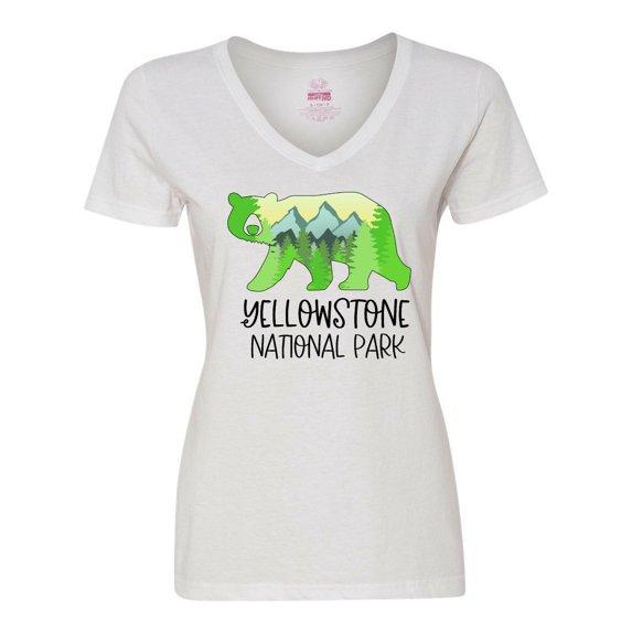 Inktastic Yellowstone National Park- Mountains and Bear Shape Women's V-Neck T-Shirt