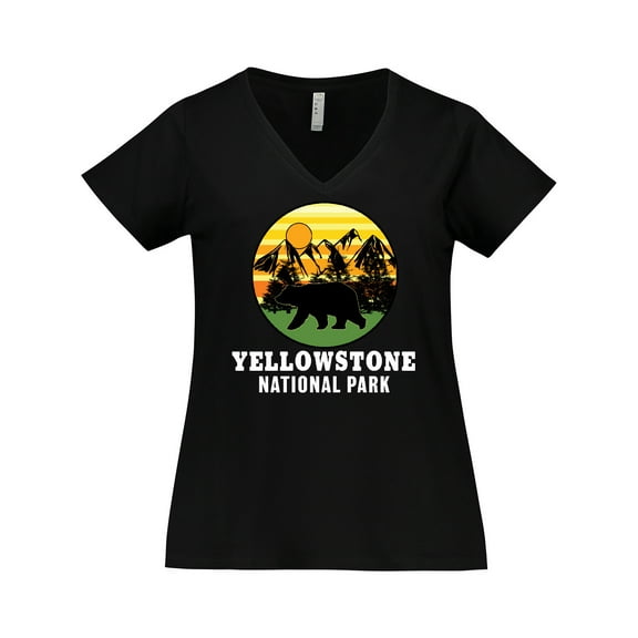 Inktastic Yellowstone National Park with Bear Mountains and Trees Cricle Women's Plus Size V-Neck T-Shirt