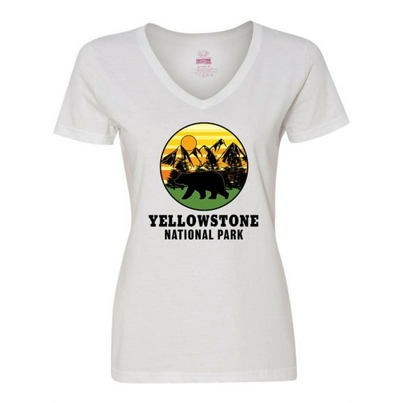 Inktastic Yellowstone National Park with Bear Mountains and Trees Cricle Women's V-Neck T-Shirt