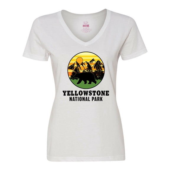 Inktastic Yellowstone National Park with Bear Mountains and Trees Cricle Women's V-Neck T-Shirt