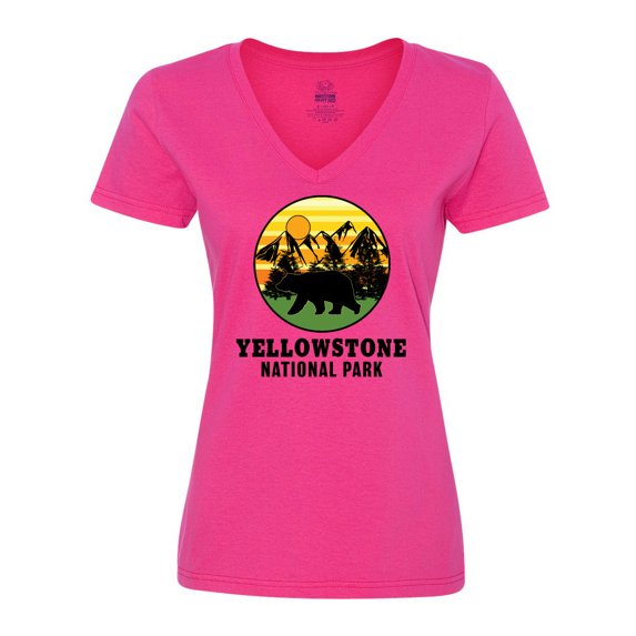 Inktastic Yellowstone National Park with Bear Mountains and Trees Cricle Women's V-Neck T-Shirt