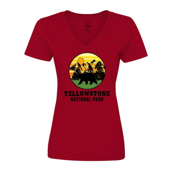 Inktastic Yellowstone National Park with Bear Mountains and Trees Cricle Women's V-Neck T-Shirt