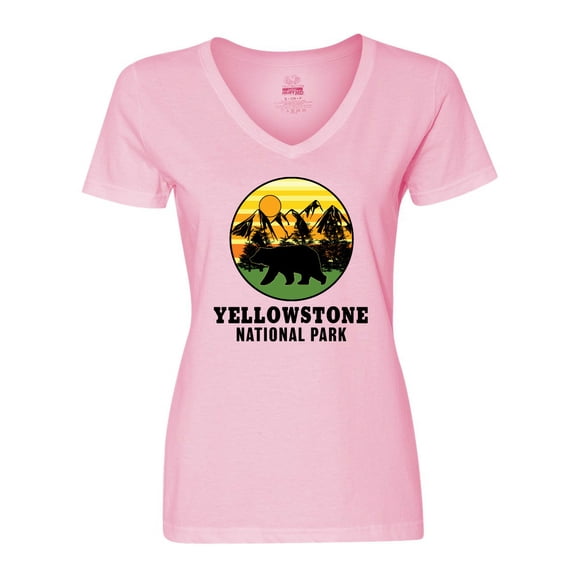 Inktastic Yellowstone National Park with Bear Mountains and Trees Cricle Women's V-Neck T-Shirt