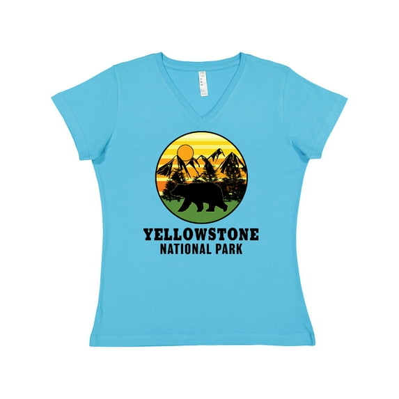 Inktastic Yellowstone National Park with Bear Mountains and Trees Cricle Women's V-Neck T-Shirt