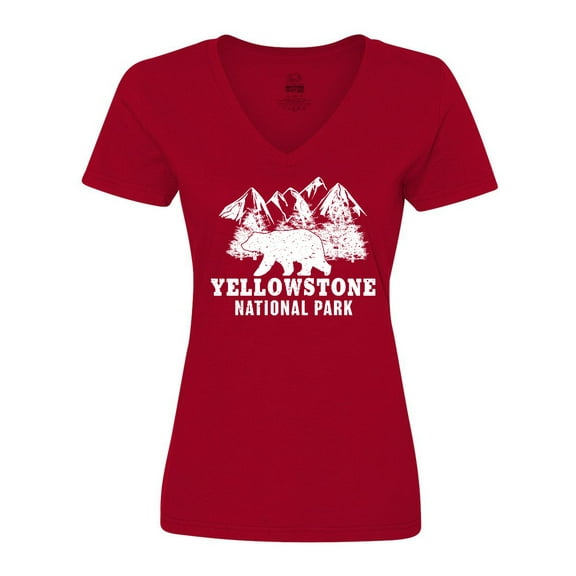 Inktastic Yellowstone National Park with Bear Mountains and Trees Women's V-Neck T-Shirt