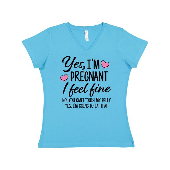 Inktastic Yes I'm Pregnant I Feel Fine No You Cant Touch My Belly Women's V-Neck T-Shirt