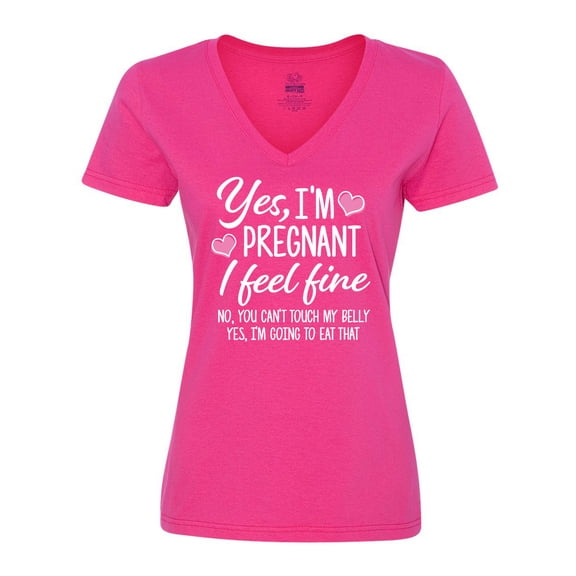 Inktastic Yes I'm Pregnant I Feel Fine No You Cant Touch My Belly Women's V-Neck T-Shirt