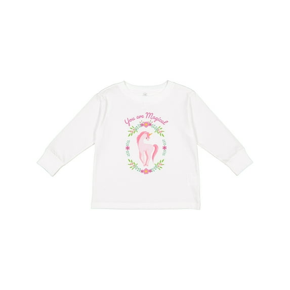 Inktastic You Are Magical Pink and White Unicorn with Flowers Boys or Girls Long Sleeve Toddler T-Shirt