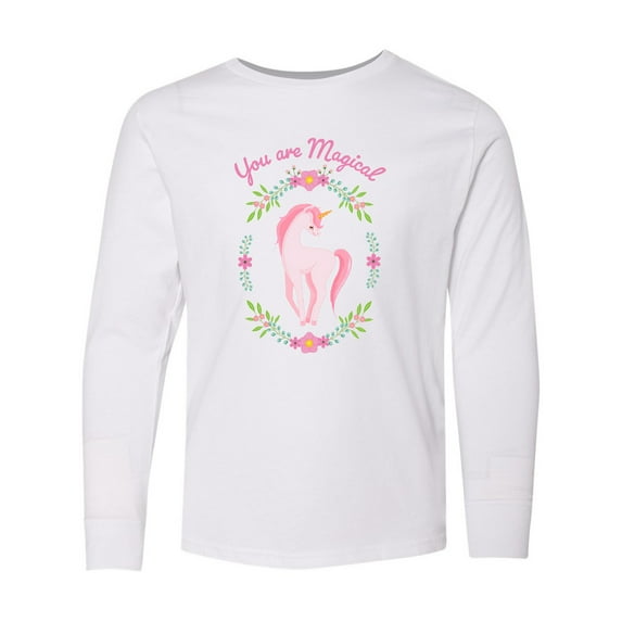 Inktastic You are Magical Pink and White Unicorn with Flowers Long Sleeve Youth T-Shirt