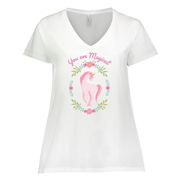 Inktastic You are Magical Pink and White Unicorn with Flowers Women's Plus Size V-Neck T-Shirt