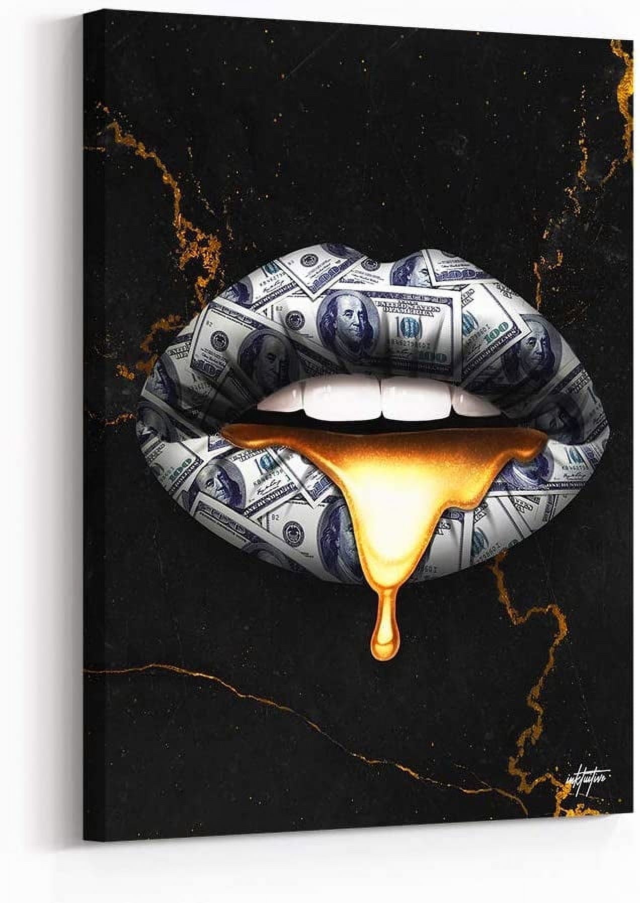Modern Glam Lips Money Canvas Wall Art - 16 x 12 Inches