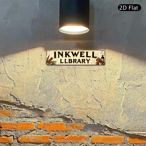 Inkwell Library Aluminum Wall Art, 4x16 Inch Vintage Style Metal Sign with Scroll and Quill Illustration, Antique Parchment Decor for Home Study Office 1pc