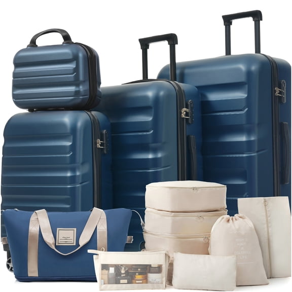 Inky Blue ABS Hardshell Luggage Set with Spinner Wheels, Expandable Suitcases for Travel and Business, Lightweight and Durable Carry-On and Check-In Sizes
