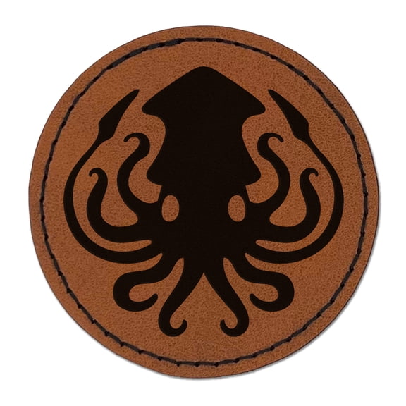 Inky Squid with Tentacles 2.5" Faux Leather Round Engraved Iron-On Patch - Brown