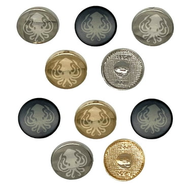 Inky Squid with Tentacles Set of 10 Metal 0.6" (15mm) Sewing Shank Round Buttons - Silver Color