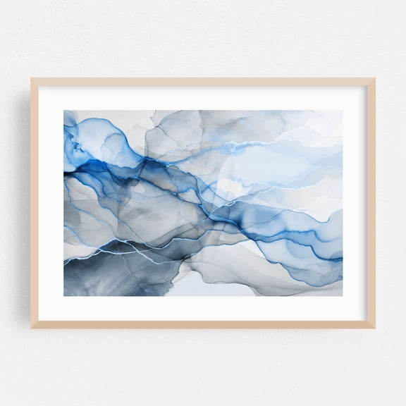Inky Transparency Abstract Blue Flow - Painting Abstract Modern Art Waves Geometric Minimalist Nature Ocean Oak Framed Wall Art Print 5 x 7 inches