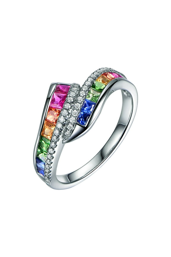 Inlaid Diamond Rainbow Colored Gemstone Ring Finger Jewelry Birthday Proposal Gift Bridal Engagement Party Ring