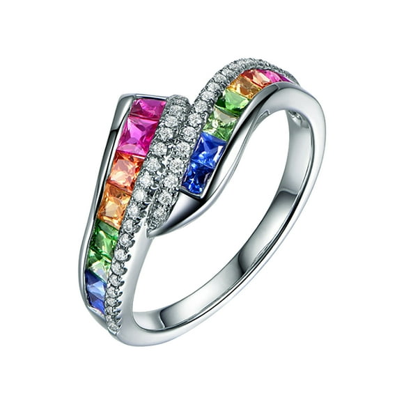 Inlaid Diamond Rainbow Colored Gemstone Ring Finger Jewelry Birthday Proposal Gift Bridal Engagement Party Ring