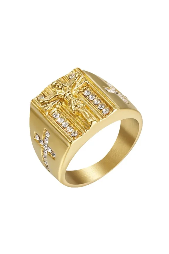 Inlaid Zircon Retro Gothic Creative14K Yellow Gold Cross Shaped Ring Hip-hop Punk Style Fashionable Men's Tail Ring Accessory