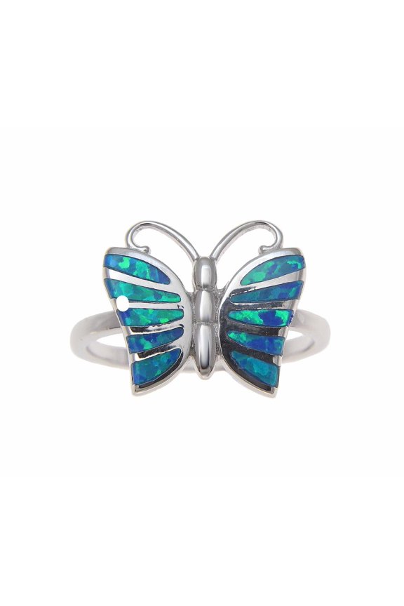 Inlay synthetic opal Hawaiian butterfly ring solid 925 sterling silver size 8
