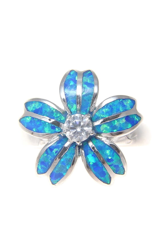 Inlay synthetic opal sterling silver 925 Hawaiian plumeria flower cz ring 19mm size 7
