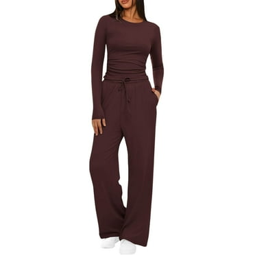 Inleife 2 Piece Sweatsuits Lounge Sets Fashion Women Round Neck Solid Ruched Long Sleeve Blouse   Long Pants Elastic Waist Sets